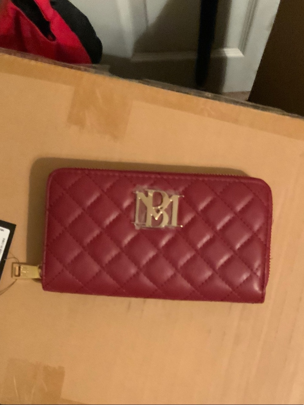 Badgley Mischka Quilted Wine Zip-Around Wallet with Gold Logo